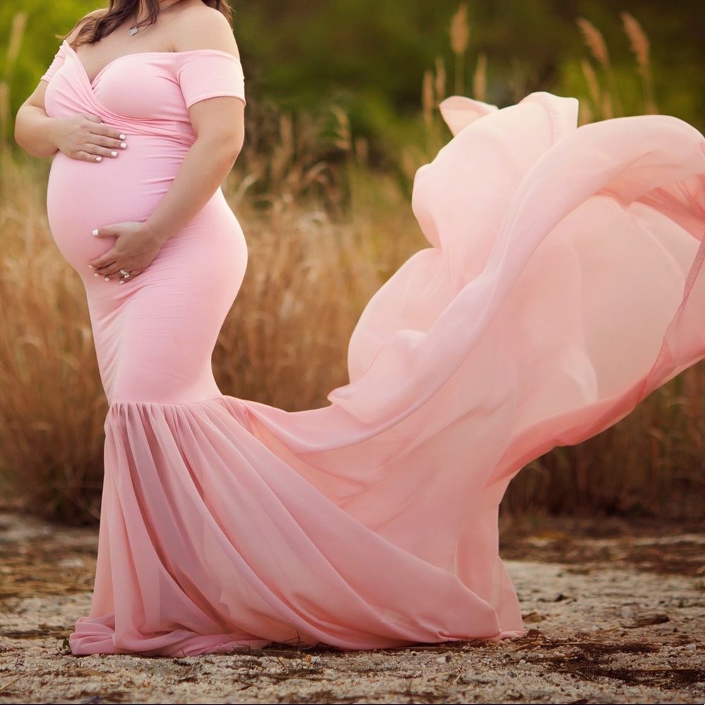 Pink off the shoulder maternity gown